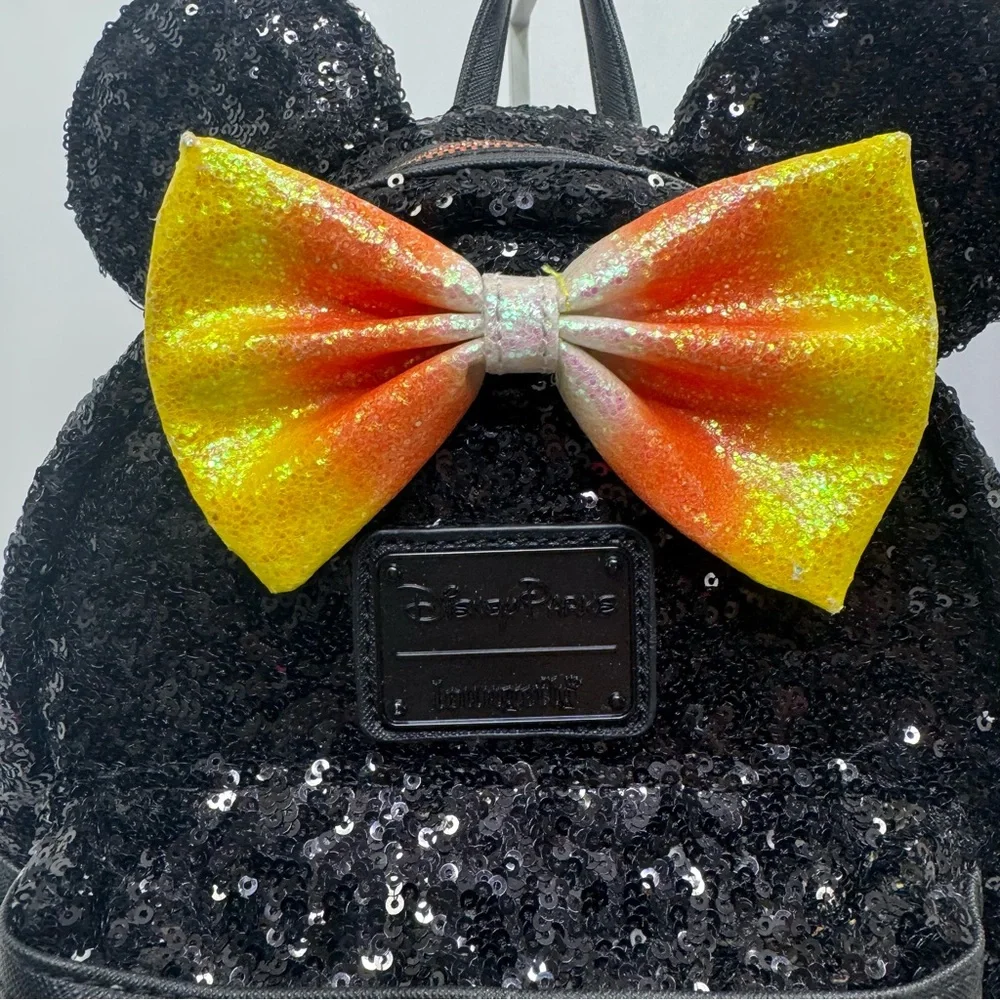 Disney Parks Loungefly Halloween Minnie Mouse Sequin Backpack Candy Corn Bow